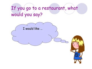 If you go to a restaurant, what
would you say?
I would like …
 