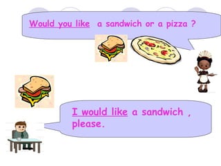 Would you like a sandwich or a pizza ?
I would like a sandwich ,
please.
 