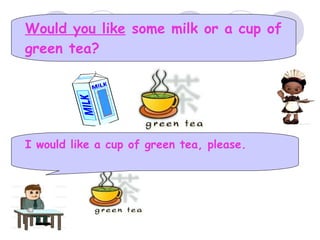 Would you like some milk or a cup of
green tea?
I would like a cup of green tea, please.
 