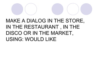 MAKE A DIALOG IN THE STORE,
IN THE RESTAURANT , IN THE
DISCO OR IN THE MARKET,
USING: WOULD LIKE
 