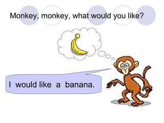 Monkey, monkey, what would you like?
I would like a banana.
 