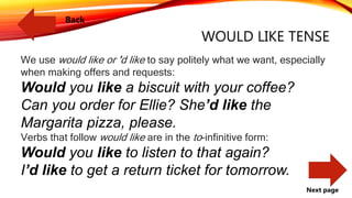WOULD LIKE TENSE
We use would like or ’d like to say politely what we want, especially
when making offers and requests:
Would you like a biscuit with your coffee?
Can you order for Ellie? She’d like the
Margarita pizza, please.
Verbs that follow would like are in the to-infinitive form:
Would you like to listen to that again?
I’d like to get a return ticket for tomorrow.
Back
Next page
 