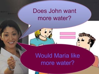 Does John want
more water?
Would Maria like
more water?