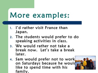 More examples:
1.   I’d rather visit France than
     Japan.
2.   The students would prefer to do
     speaking activities in class.
3.   We would rather not take a
     break now. Let’s take a break
     later.
4.   Sam would prefer not to work
     on Saturdays because he would
     like to spend time with his
     family.
 