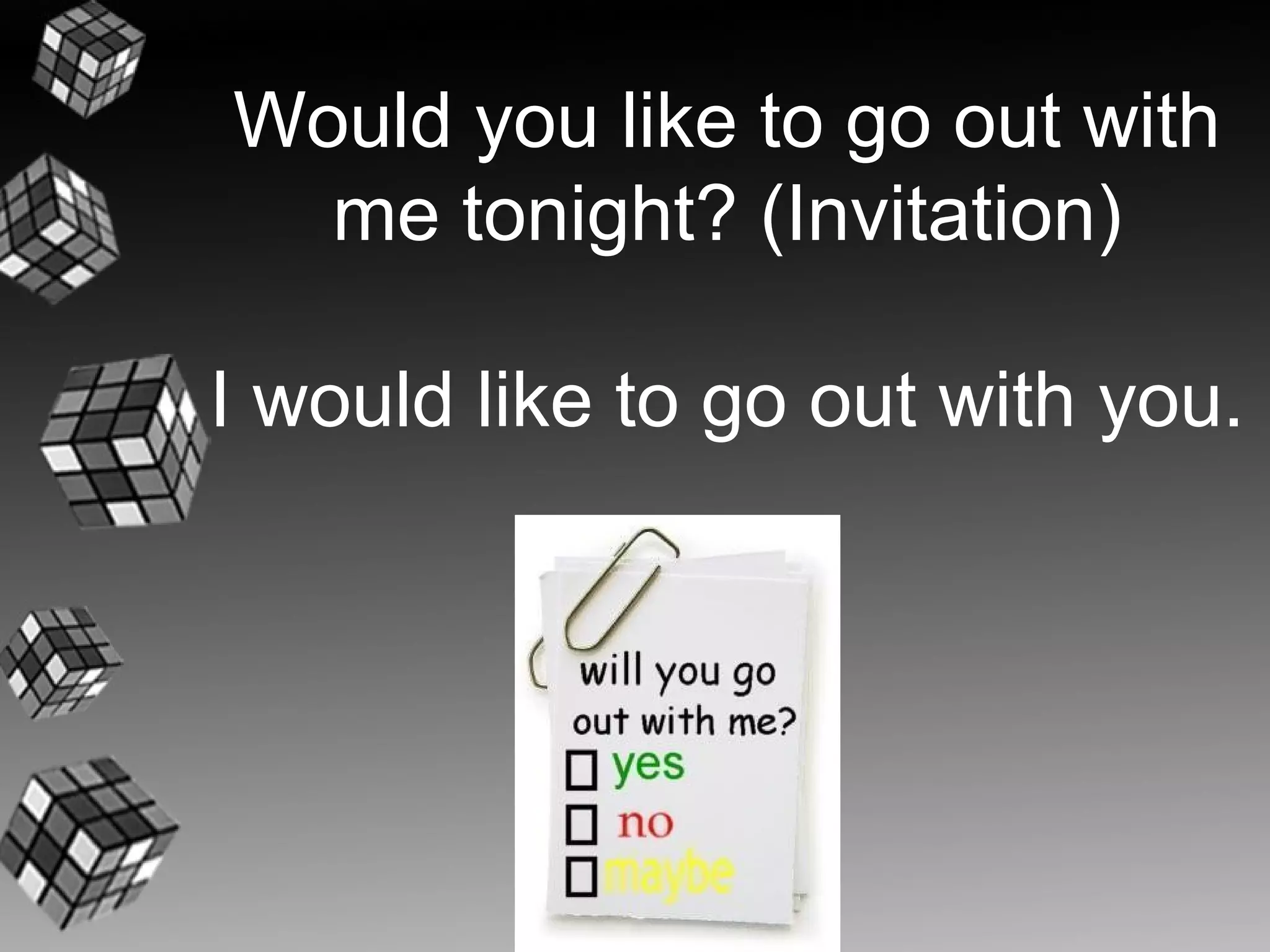 Would you like to go out with
  me tonight? (Invitation)

I would like to go out with you.
 