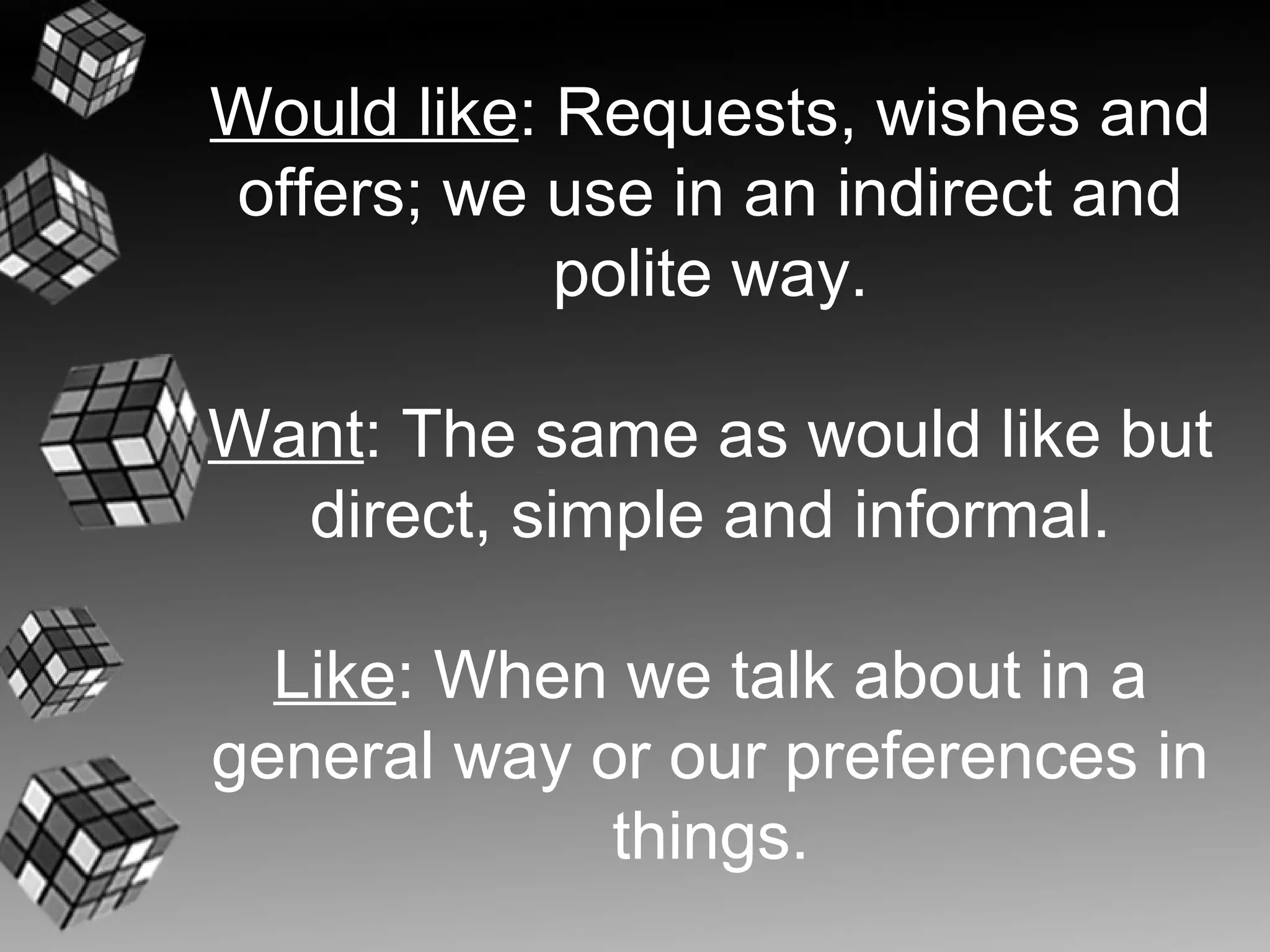 Would like: Requests, wishes and
offers; we use in an indirect and
            polite way.

Want: The same as would like but
  direct, simple and informal.

  Like: When we talk about in a
general way or our preferences in
             things.
 