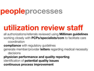 peopleprocesses

utilization review staff
all authorizations/referrals reviewed using Milliman guidelines
working closely with PCPs/specialists/ccm to facilitate care
    coordination
compliance with regulatory guidelines
generate member/provider letters regarding medical necessity
    decisions
physician performance and quality reporting
identiﬁcation of potential quality issues
continuous process improvement
 