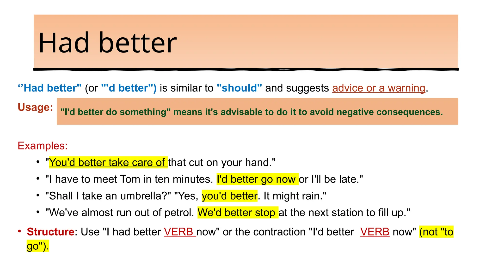 Had better
‘’Had better" (or "'d better") is similar to "should" and suggests advice or a warning.
Usage:
Examples:
• "You'd better take care of that cut on your hand."
• "I have to meet Tom in ten minutes. I'd better go now or I'll be late."
• "Shall I take an umbrella?" "Yes, you'd better. It might rain."
• "We've almost run out of petrol. We'd better stop at the next station to fill up."
• Structure: Use "I had better VERB now" or the contraction "I'd better VERB now" (not "to
go").
"I'd better do something" means it's advisable to do it to avoid negative consequences.
 