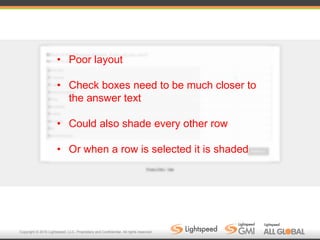 Copyright © 2016 Lightspeed, LLC. Proprietary and Confidential. All rights reserved.
• Poor layout
• Check boxes need to be much closer to
the answer text
• Could also shade every other row
• Or when a row is selected it is shaded
 