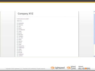 Copyright © 2016 Lightspeed, LLC. Proprietary and Confidential. All rights reserved.
Company XYZ
 