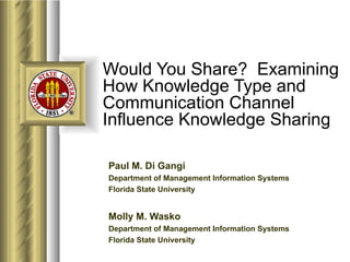 Would You Share?  Examining How Knowledge Type and Communication Channel Influence Knowledge Sharing Paul M. Di Gangi Department of Management Information Systems Florida State University Molly M. Wasko Department of Management Information Systems Florida State University 