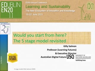 Gilly Salmon Professor (Learning Futures) & Executive Director Australian Digital Futures Institute 19/06/2011 5 stage model Gilly Salmon EDEN 1 Would you start from here? The 5 stage model revisited 