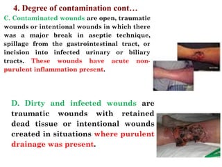 C. Contaminated wounds are open, traumatic
wounds or intentional wounds in which there
was a major break in aseptic technique,
spillage from the gastrointestinal tract, or
incision into infected urinary or biliary
tracts. These wounds have acute non-
purulent inflammation present.
D. Dirty and infected wounds are
traumatic wounds with retained
dead tissue or intentional wounds
created in situations where purulent
drainage was present.
4. Degree of contamination cont…
 