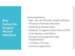 Risk
Factors for
Surgical
Wound
Infections
Patient-related factors:
 Age > 60, sex (female), weight (obesity)
 Presence of remote infections
 Underlying disease states
 Diabetes, Congestive heart failure (CHF)
 Liver disease, renal failure
 Duration of preoperative stay
hospitalization
 > 72 hours, ICU stay
 Immuno-suppression
 