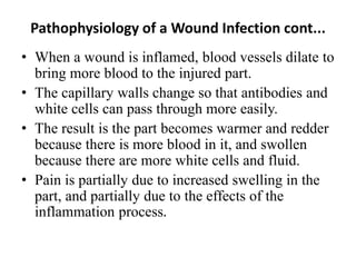 Pathophysiology of a Wound Infection cont...
• When a wound is inflamed, blood vessels dilate to
bring more blood to the injured part.
• The capillary walls change so that antibodies and
white cells can pass through more easily.
• The result is the part becomes warmer and redder
because there is more blood in it, and swollen
because there are more white cells and fluid.
• Pain is partially due to increased swelling in the
part, and partially due to the effects of the
inflammation process.
 