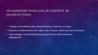 INFLAMMATORY PHASE (LAG OR SUBSTRATE OR
EXUDATIVE PHASE)
• It begins immediately after wound healing. It lasts for 4-6 days.
• Features of inflammation are rubor, calor, tumour, dolor and loss of function.
• Macrophages secrete fibroblastic growth factor which enhances
angiogenesis.
 