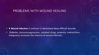 PROBLEMS WITH WOUND HEALING
• ♦ Wound infection is common in devitalized deep difficult wounds.
• Diabetes, immunosuppression, cytotoxic drugs, anaemia, malnutrition,
malignancy increases the chances of wound infection.
 