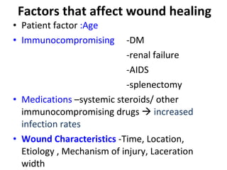 Factors that affect wound healing <ul><li>Patient factor  : Age   </li></ul><ul><li>Immunocompromising   -DM </li></ul><ul...