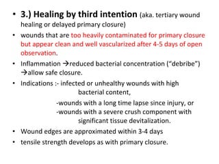 <ul><li>3.) Healing by third intention  (aka. tertiary wound healing or delayed primary closure) </li></ul><ul><li>wounds ...