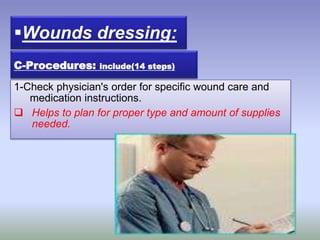 C-Procedures: include(14 steps)
1-Check physician's order for specific wound care and
medication instructions.
 Helps to plan for proper type and amount of supplies
needed.
Wounds dressing:
 
