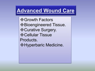 Growth Factors
Bioengineered Tissue.
Curative Surgery.
Cellular Tissue
Products.
Hyperbaric Medicine.
Advanced Wound Care
 
