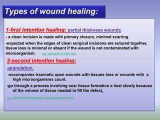Types of wound healing:
1-first intention healing: partial thickness wounds.
- a clean incision is made with primary closure, minimal scarring.
-expected when the edges of clean surgical incisions are sutured together,
tissue loss is minimal or absent if the wound is not contaminated with
microorganism. e.g.-abrasion or skin tear.
2-second intention healing:
-granulation.
-accompanies traumatic open wounds with tissues loss or wounds with a
high microorganisms count.
-go through a process involving scar tissue formation a heal slowly because
of the volume of tissue needed to fill the defect.
e.g.-contaminated surgical wound, pressure ulcer.
 