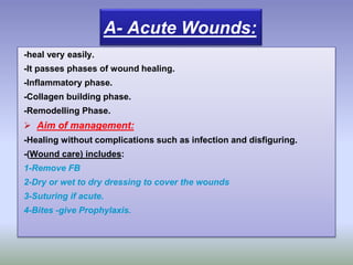 -heal very easily.
-It passes phases of wound healing.
-Inflammatory phase.
-Collagen building phase.
-Remodelling Phase.
 Aim of management:
-Healing without complications such as infection and disfiguring.
-(Wound care) includes:
1-Remove FB
2-Dry or wet to dry dressing to cover the wounds
3-Suturing if acute.
4-Bites -give Prophylaxis.
A- Acute Wounds:
 