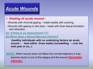  Healing of acute wound :
-Wounds with minimal gaping – heals readily with scarring.
-Wounds with gaping or skin loss – heals with Scar tissue formation
and retraction.
Q1- if there is no improvement ???
Q2-When Does a Wound Become Chronic?
(healthy individuals with no underlying factors an acute
wound→ heal within three weeks remodelling → over the
next year or so...)
NOTE: When wound does not follow the normal trajectory it may
become stuck in one of the stages and the wound becomes
chronic.
Acute Wounds
 