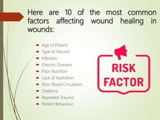 Here are 10 of the most common
factors affecting wound healing in
wounds:
 Age of Patient
 Type of Wound
 Infection
 Chronic Diseases
 Poor Nutrition
 Lack of Hydration
 Poor Blood Circulation
 Oedema
 Repeated Trauma
 Patient Behaviour
 