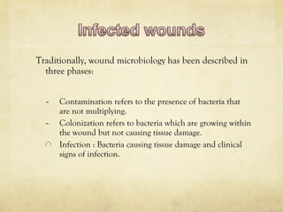 Traditionally, wound microbiology has been described in
three phases:
– Contamination refers to the presence of bacteria that
are not multiplying.
– Colonization refers to bacteria which are growing within
the wound but not causing tissue damage.
Infection : Bacteria causing tissue damage and clinical
signs of infection.
 