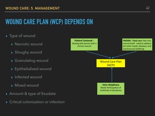 WOUND CARE: 5. MANAGEMENT
WOUND CARE PLAN (WCP) DEPENDS ON
▸ Type of wound
▸ Necrotic wound
▸ Sloughy wound
▸ Granulating wound
▸ Epithelialized wound
▸ Infected wound
▸ Mixed wound
▸ Amount & type of Exudate
▸ Critical colonization or infection
Wound	Care	Plan	
(WCP)	
Pa#ent	Cantered	–	
dealing	with	person	with	a	
chronic	wound		
	
Holis#c	–Total	care	-Not	only	
wound	itself-		need	to	address	
pts	other	needs,	diseases,	and	
psychosocial	wellbeing	
Inter-disiplinary	
Needs	Par>cipa>on	of	
mul>tude	of	disciplines	
	
42
 
