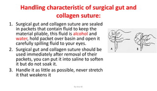 Handling characteristic of surgical gut and
collagen suture:
1. Surgical gut and collagen suture are sealed
in packets that contain fluid to keep the
material pliable, this fluid is alcohol and
water, hold packet over basin and open it
carefully spilling fluid to your eyes.
2. Surgical gut and collagen suture should be
used immediately after removal of their
packets, you can put it into saline to soften
it but do not soak it.
3. Handle it as little as possible, never stretch
it that weakens it
By Ame M.
 