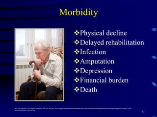 Morbidity
Physical decline
Delayed rehabilitation
Infection
Amputation
Depression
Financial burden
Death
5
NPUAP Pressure Ulcer Stages/Categories. NPUAP.org http://www.npuap.org/resources/educational-and-clinical-resources/npuap-pressure-ulcer-stagescategories/Pressure Ulcer
Prevention Points. NPUAP.org
 