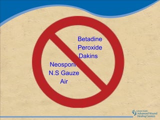 Betadine
         Peroxide
          Dakins
Neosporin
N.S Gauze
    Air
 