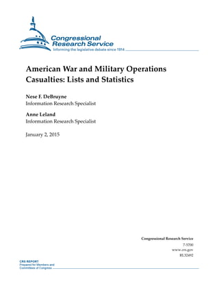 American War and Military Operations
Casualties: Lists and Statistics
Nese F. DeBruyne
Information Research Specialist
Anne Leland
Information Research Specialist
January 2, 2015
Congressional Research Service
7-5700
www.crs.gov
RL32492
 