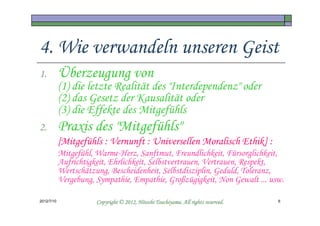 4. Wie verwandeln unseren Geist
1.          Überzeugung von
            (1) die letzte Realität des "Interdependenz" oder
            (2) das Gesetz der Kausalität oder
            (3) die Effekte des Mitgefühls
2.          Praxis des "Mitgefühls"
            [Mitgefühls : Vernunft : Universellen Moralisch Ethik] :
            Mitgefühl, Warme-Herz, Sanftmut, Freundlichkeit, Fürsorglichkeit,
            Aufrichtigkeit, Ehrlichkeit, Selbstvertrauen, Vertrauen, Respekt,
            Wertschätzung, Bescheidenheit, Selbstdisziplin, Geduld, Toleranz,
            Vergebung, Sympathie, Empathie, Großzügigkeit, Non Gewalt ... usw.

2012/7/10                                        Tsuchiyama.
                       Copyright © 2012, Hitoshi Tsuchiyama. All rights reserved.   6
 