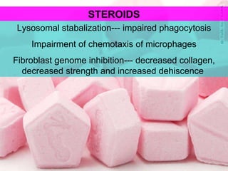 STEROIDS Lysosomal stabalization--- impaired phagocytosis Impairment of chemotaxis of microphages Fibroblast genome inhibition--- decreased collagen, decreased strength and increased dehiscence  