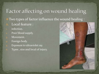  Two types of factor influence the wound healing :
A. Local feature :
1.   infection.
2.   Poor blood supply.
3.   Movement.
4.   Foreign body.
5.   Exposure to ultraviolet ray.
6.   Types , size and local of injury.
 