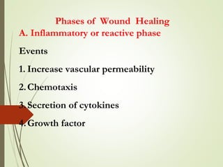 Phases of Wound Healing
A. Inflammatory or reactive phase
Events
1. Increase vascular permeability
2.Chemotaxis
3.Secretion of cytokines
4.Growth factor
 