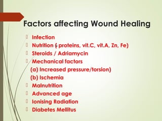 Factors affecting Wound Healing
 Infection
 Nutrition ( proteins, vit.C, vit.A, Zn, Fe)
 Steroids / Adriamycin
 Mechanical factors
(a) Increased pressure/torsion)
(b) Ischemia
 Malnutrition
 Advanced age
 Ionising Radiation
 Diabetes Mellitus
 