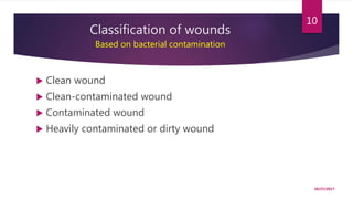 Classification of wounds
Based on bacterial contamination
 Clean wound
 Clean-contaminated wound
 Contaminated wound
 Heavily contaminated or dirty wound
10/27/2017
10
 