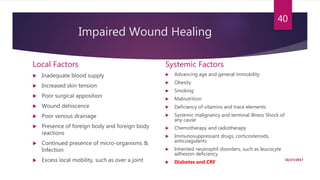 Impaired Wound Healing
Local Factors
 Inadequate blood supply
 Increased skin tension
 Poor surgical apposition
 Wound dehiscence
 Poor venous drainage
 Presence of foreign body and foreign body
reactions
 Continued presence of micro-organisms &
Infection
 Excess local mobility, such as over a joint
Systemic Factors
 Advancing age and general immobility
 Obesity
 Smoking
 Malnutrition
 Deficiency of vitamins and trace elements
 Systemic malignancy and terminal illness Shock of
any cause
 Chemotherapy and radiotherapy
 Immunosuppressant drugs, corticosteroids,
anticoagulants
 Inherited neutrophil disorders, such as leucocyte
adhesion deficiency
 Diabetes and CRF
10/27/2017
40
 