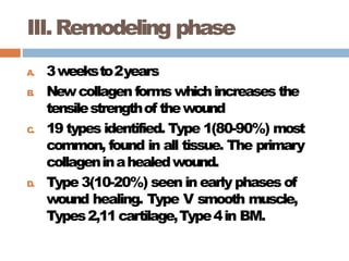 III.Remodeling phase
A. 3weeksto2years
B
. Newcollagen forms whichincreases the
tensilestrengthof thewound
C. 19 types identified. Type 1(80-90%) most
common, found in all tissue. The primary
collageninahealedwound.
D. Type 3(10-20%) seen in early phases of
wound healing. Type V smooth muscle,
Types2,11cartilage,Type4in BM.
 