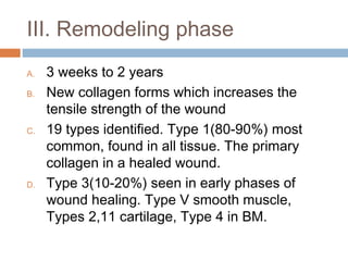 III. Remodeling phase
A. 3 weeks to 2 years
B. New collagen forms which increases the
tensile strength of the wound
C. 19 types identified. Type 1(80-90%) most
common, found in all tissue. The primary
collagen in a healed wound.
D. Type 3(10-20%) seen in early phases of
wound healing. Type V smooth muscle,
Types 2,11 cartilage, Type 4 in BM.
 