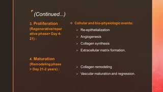 z
(Continued...)
3. Proliferation
(Regenerative/repar
ative phase> Day 4-
21) :
4. Maturation
(Remodeling phase
> Day 21-2 years) :
❖ Cellular and bio-physiologic events:
➢ Re-epithelialization
➢ Angiogenesis
➢ Collagen synthesis
➢ Extracellular matrix formation.
➢ Collagen remodeling
➢ Vascular maturation and regression.
 