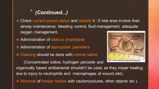 z
(Continued...)
❖ Check current wound status and classify it : If vital area involve than
airway maintenance, bleeding control, fluid management, adequate
oxygen management.
❖ Administration of tetanus prophylaxis
❖ Administration of appropriate painkillers
❖ Cleaning should be done with normal saline
(Concentrated iodine, hydrogen peroxide and
organically based antibacterial shouldn't be used, as they impair healing,
due to injury to neutrophils and macrophages at wound site).
❖ Removal of foreign bodies with caution(sutures, other objects etc ).
 