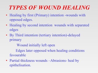 TYPES OF WOUND HEALING
• Healing by first (Primary) intention -wounds with
opposed edges.
• Healing by second intention wounds with separated
edges
• By Third intention (tertiary intention)-delayed
primary
Wound initially left open
Edges later opposed when healing conditions
favourable
• Partial thickness wounds –Abrasions- heal by
epithelisation.
 