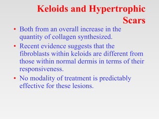 Keloids and Hypertrophic
Scars
• Both from an overall increase in the
quantity of collagen synthesized.
• Recent evidence suggests that the
fibroblasts within keloids are different from
those within normal dermis in terms of their
responsiveness.
• No modality of treatment is predictably
effective for these lesions.
 