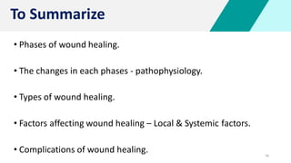 56
• Phases of wound healing.
• The changes in each phases - pathophysiology.
• Types of wound healing.
• Factors affecting wound healing – Local & Systemic factors.
• Complications of wound healing.
To Summarize
 