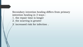 Secondary intention healing differs from primary
intention healing in 3 ways :
1. the repair time is longer
2. the scarring is greater
3. increased risk for infection .
 